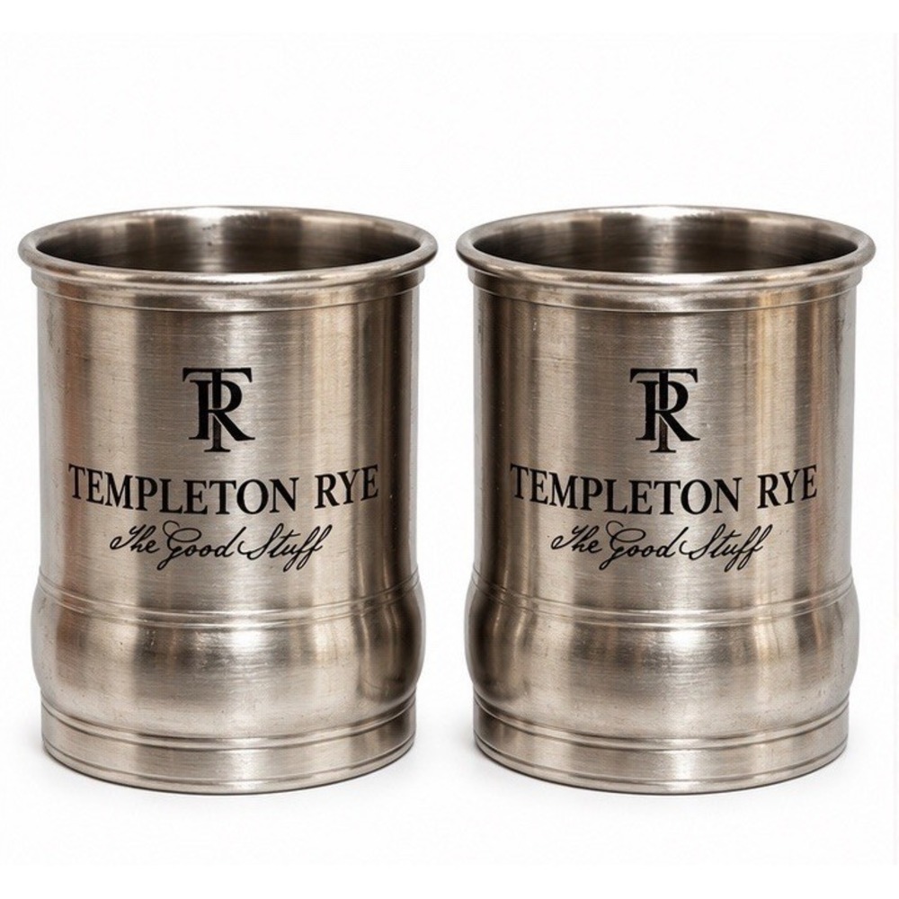 Set of 2 Templeton Rye "The Good Stuff" stainless steel bar cups/tumblers.